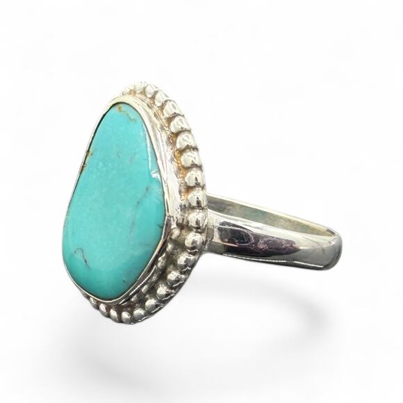 Blue Turquoise Ring Solid 925 Sterling Silver Size 8 Artisan Handmade - Picture 4 of 6